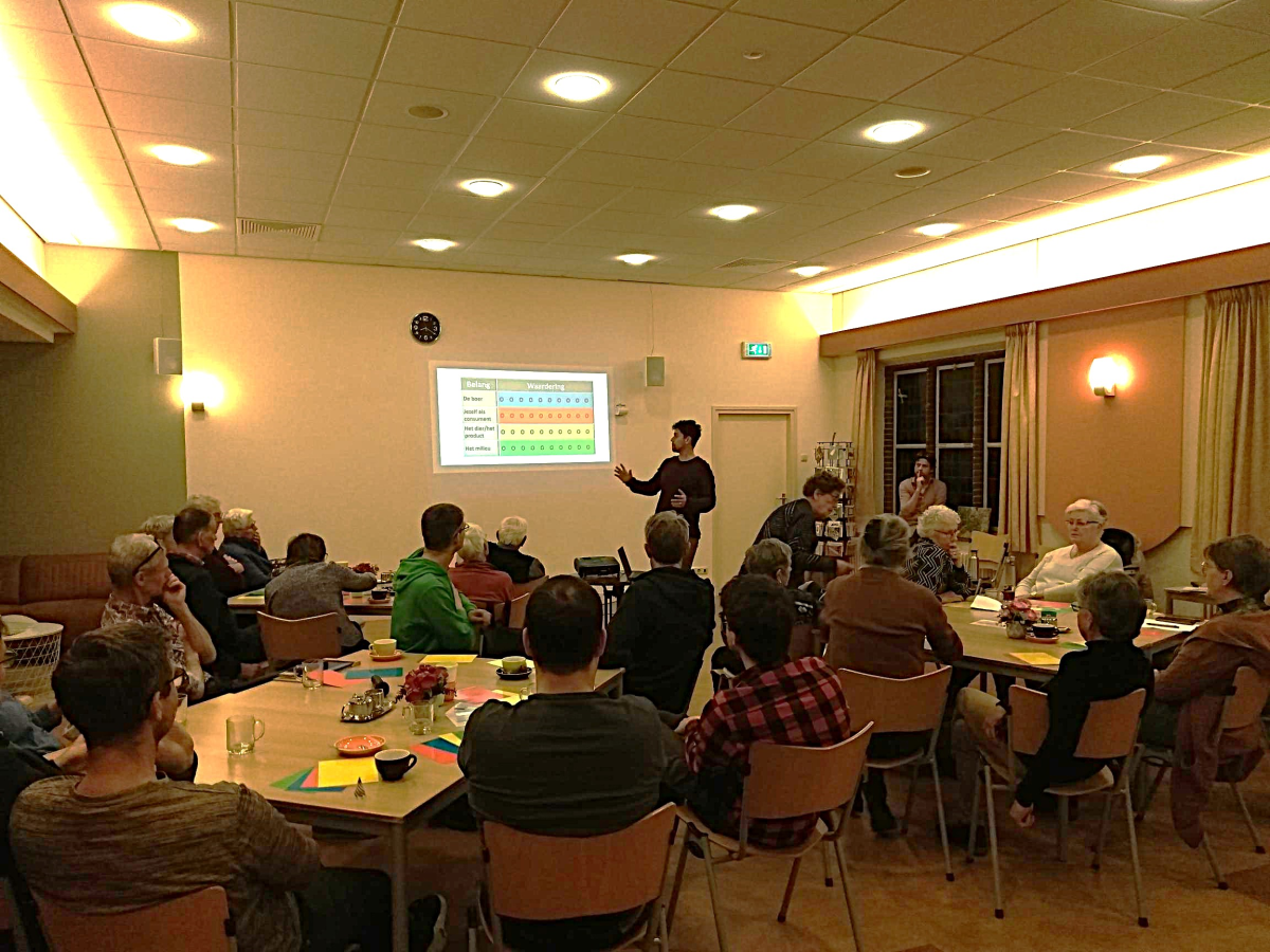 Alfred van Klinken geeft uitleg aan de deelnemers van 'God in de supermarkt'